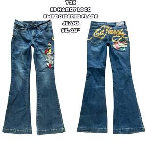 Y2K ED HARDY LOGO EMBROIDERED FLARE JEANS SZ. 28"